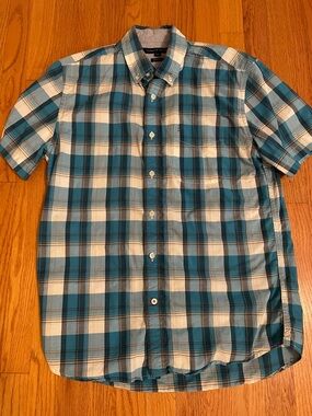 Tommy Hilfiger Teal and White Plaid Short-Sleeve Button-Down Shirt
